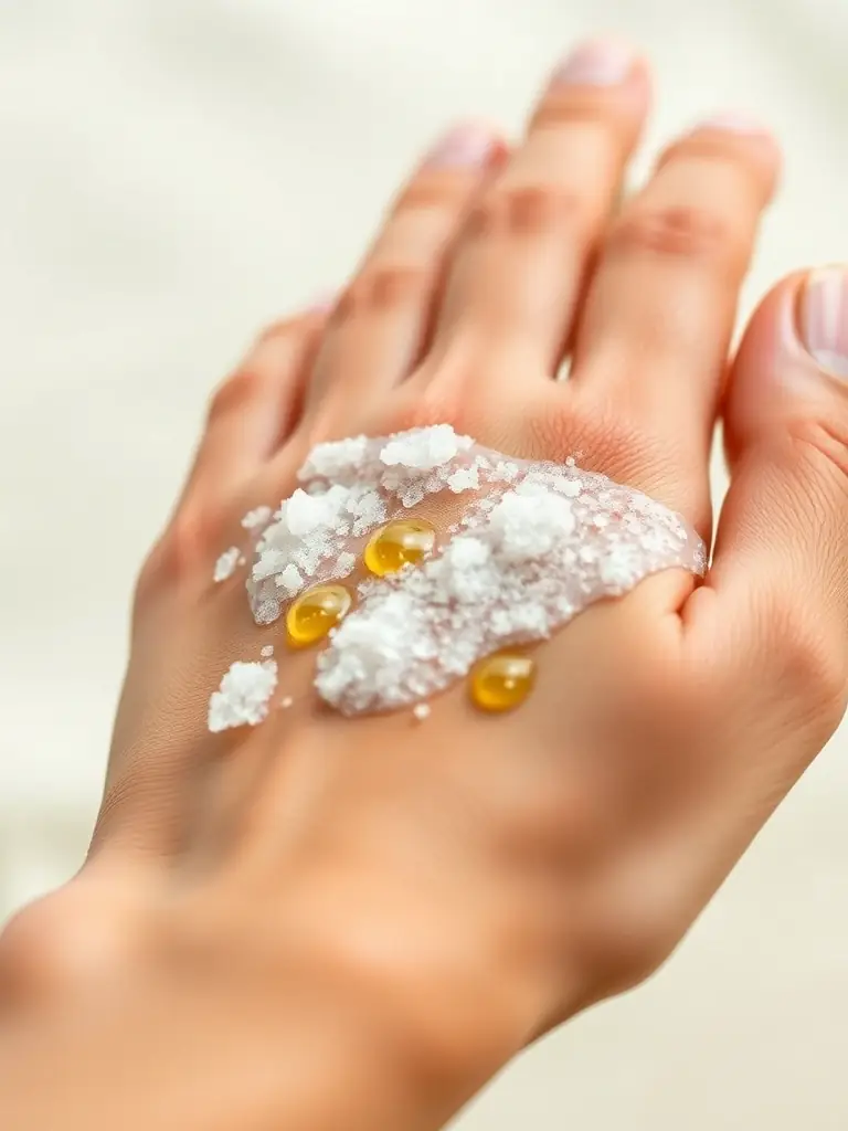 Image of a sugar scrub being applied to a hand, showcasing the texture and natural ingredients like sugar granules and essential oils.