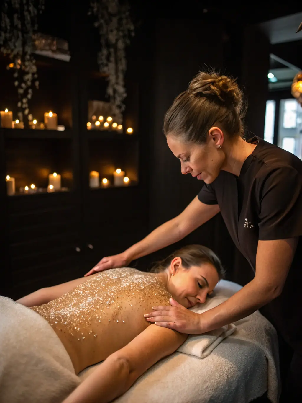 A person gently scrubbing their skin with a salt scrub, showcasing the exfoliating action and the smooth, glowing skin revealed underneath, with a focus on the natural ingredients.