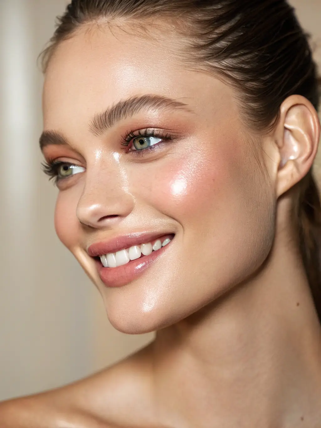 Close-up shot of a woman's glowing skin after using a sugar scrub, with water droplets glistening on her face, emphasizing the natural radiance.