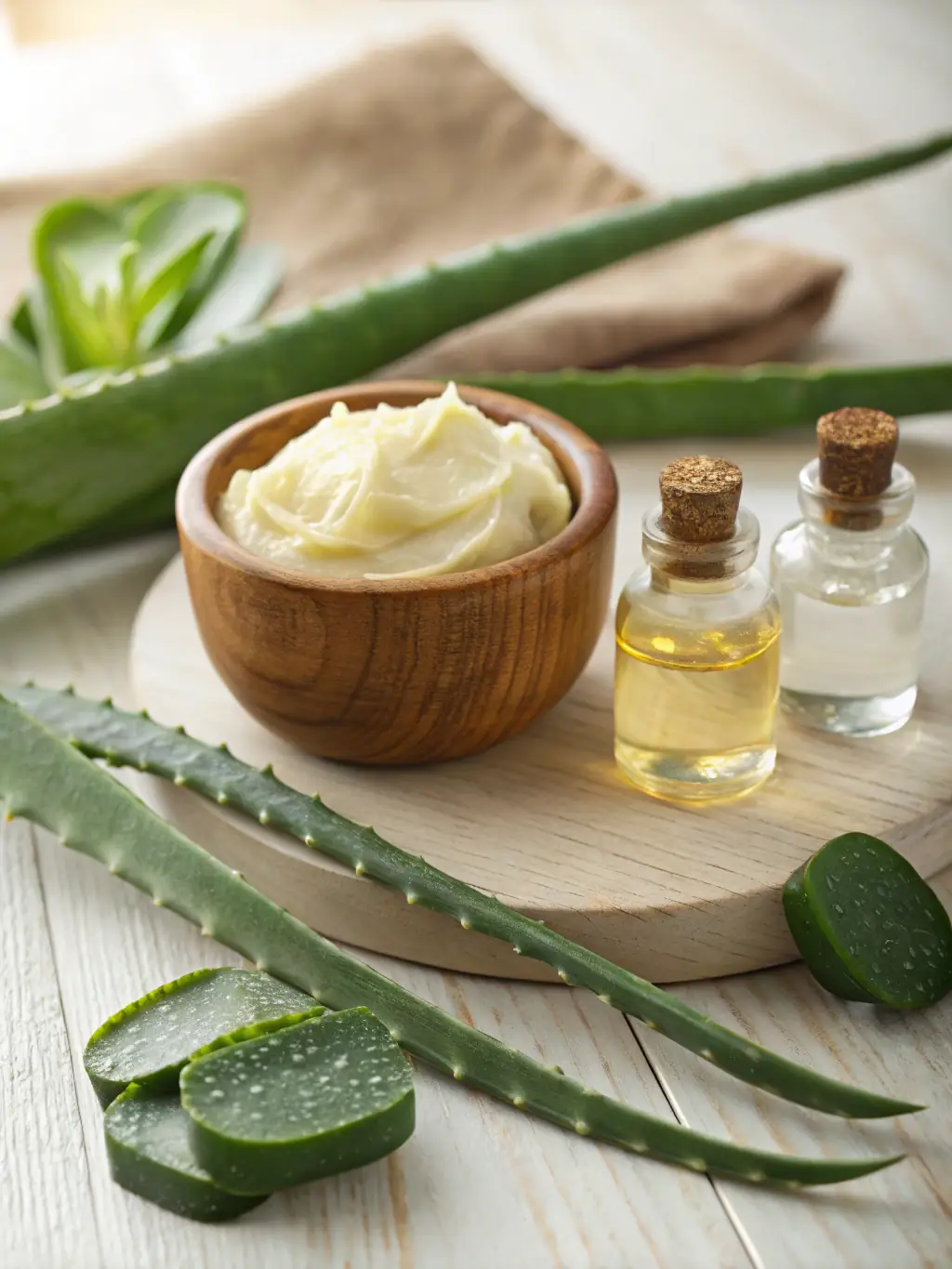 Image of various natural ingredients like shea butter, essential oils, and herbs used in Heavens' Scent soaps, arranged artfully to showcase their purity.