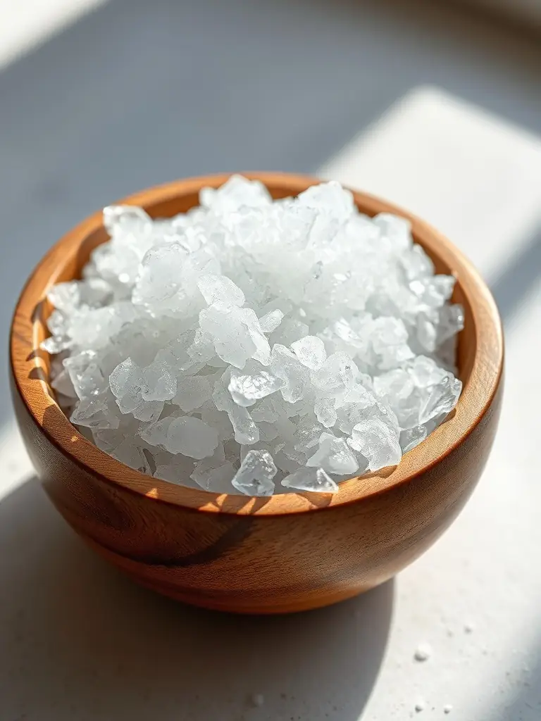 Close-up shot of a person's hand gently scooping a pile of fine, pink Himalayan salt, with soft, diffused lighting highlighting the salt's texture and color, emphasizing its purity and natural origin.