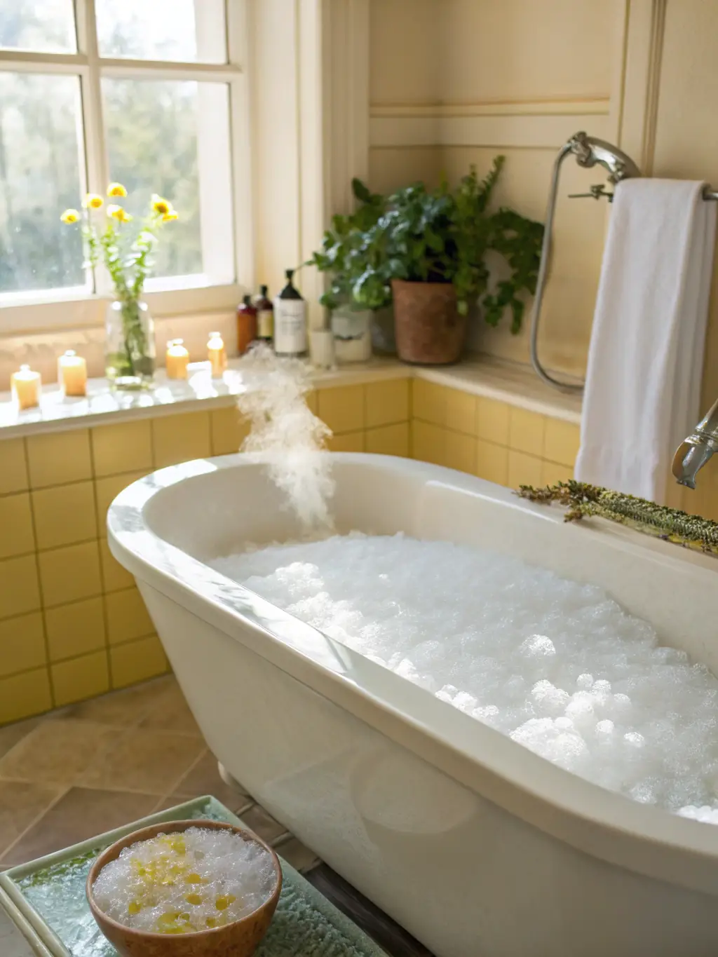 Aromatic bath salts dissolving in warm bathwater, creating a soothing and inviting scene, with steam rising gently and a few flower petals scattered on the surface for added visual appeal.