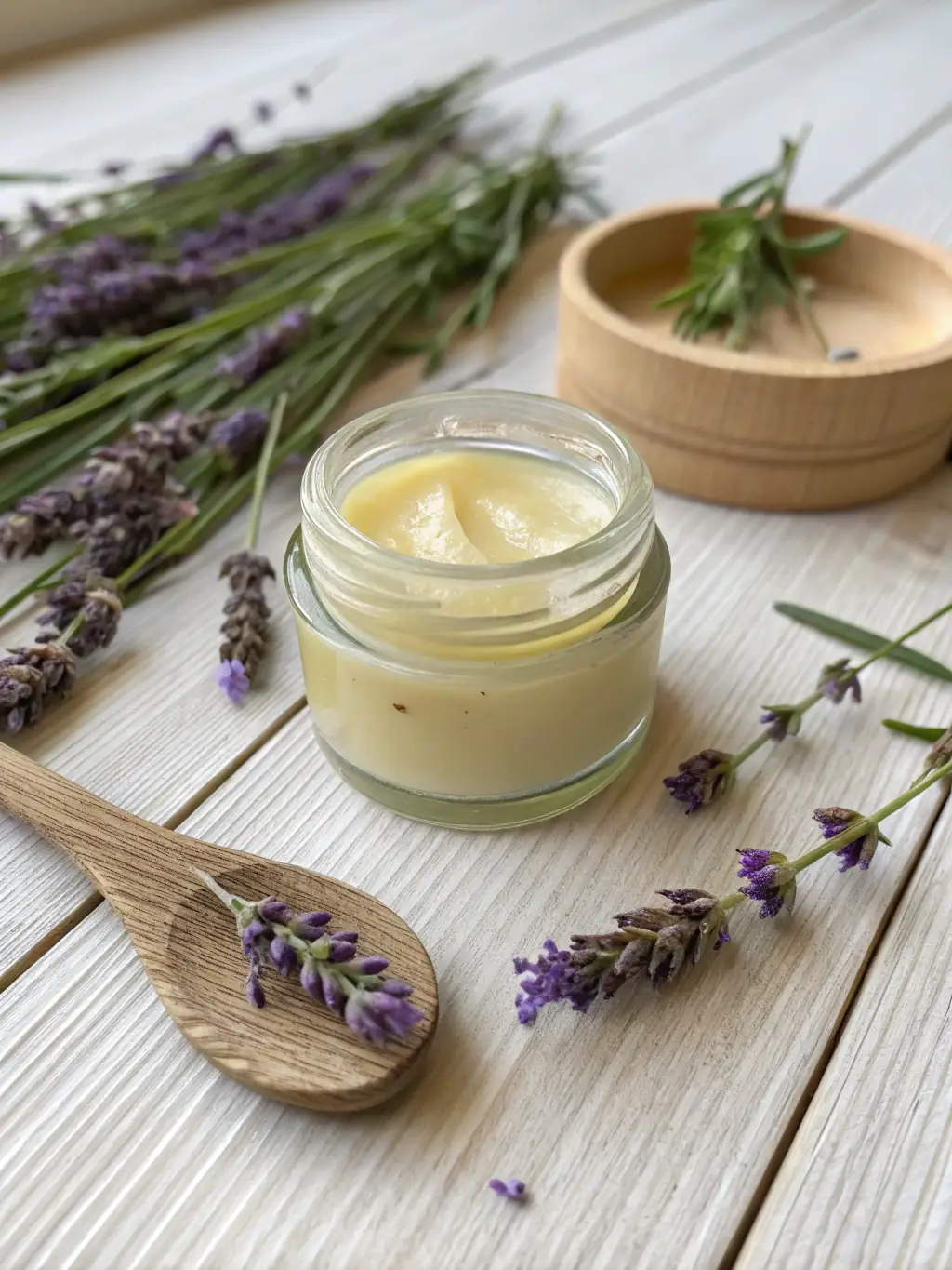 Aromatic sugar scrub with natural oils and herbs, in a glass jar, with a wooden spoon scooping out a portion, highlighting the natural ingredients.