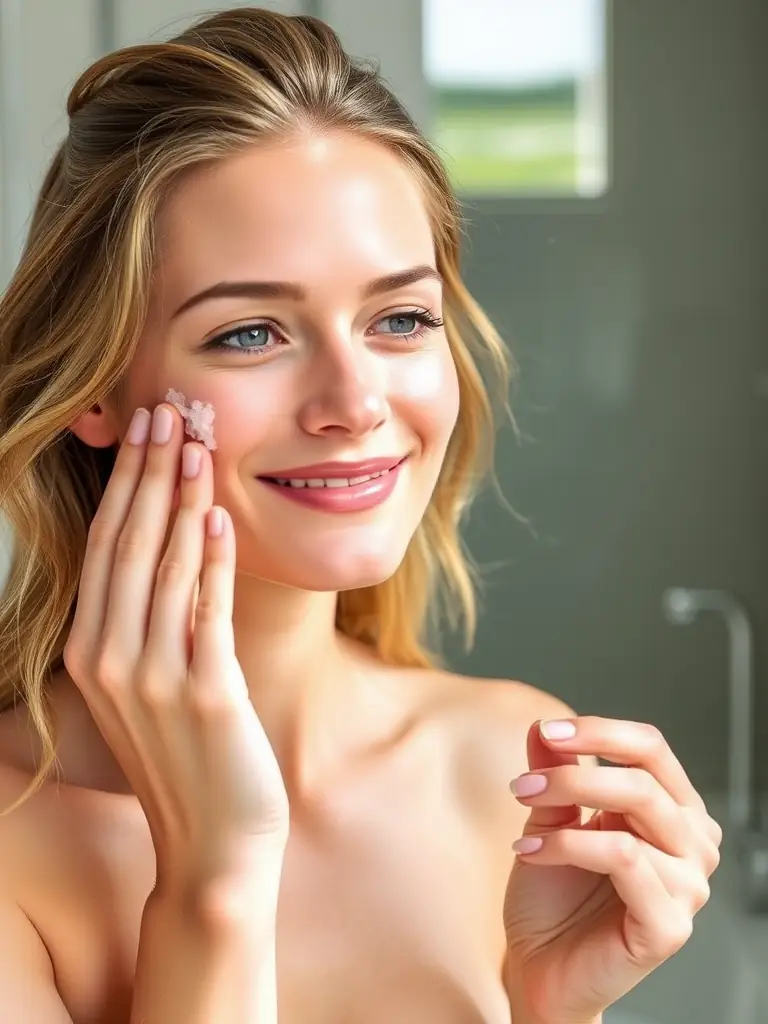 A person smiling, enjoying the aroma of a sugar scrub, with a serene expression, emphasizing the sensory experience and relaxation benefits.