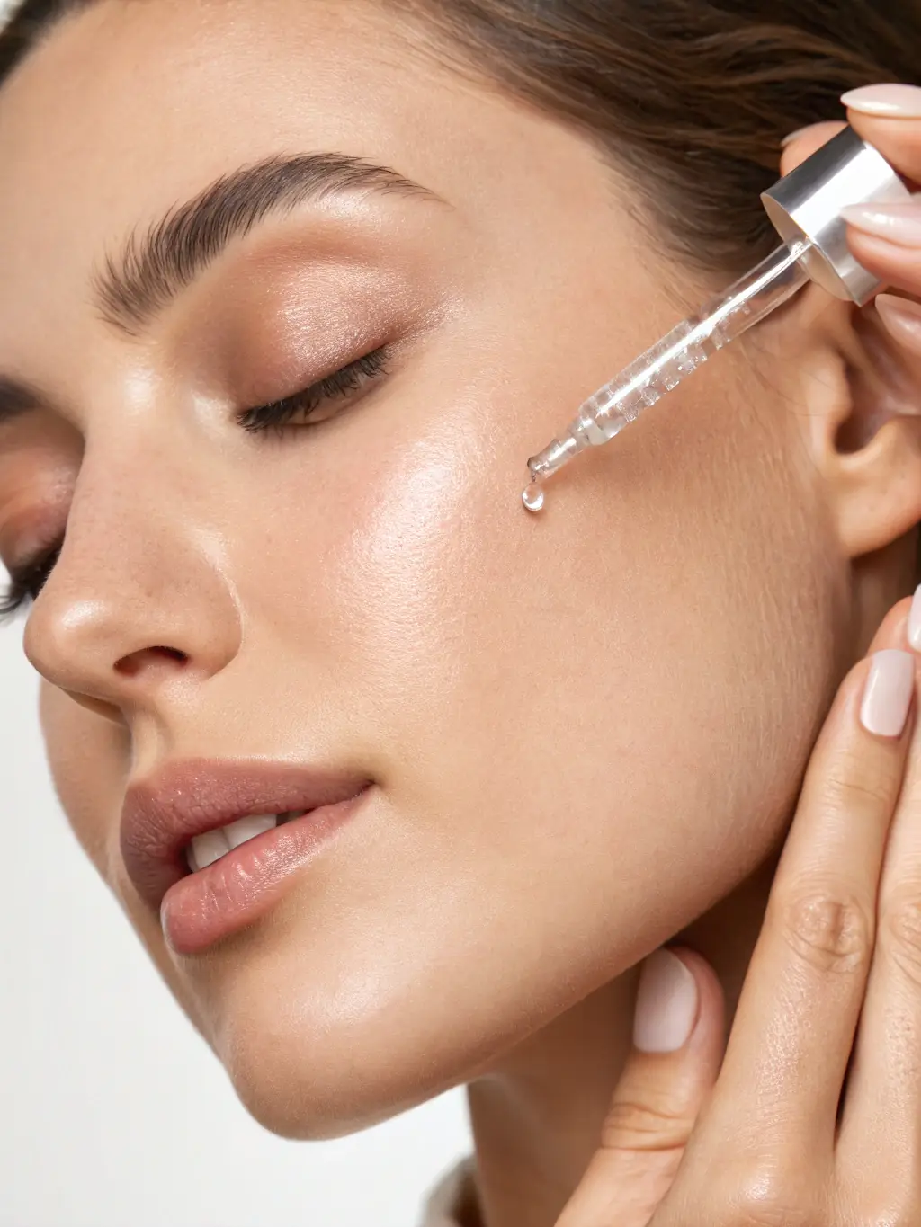 A hand gently applying a natural skincare product to the face, with a focus on the smooth texture and easy absorption. The background features natural light and plants.