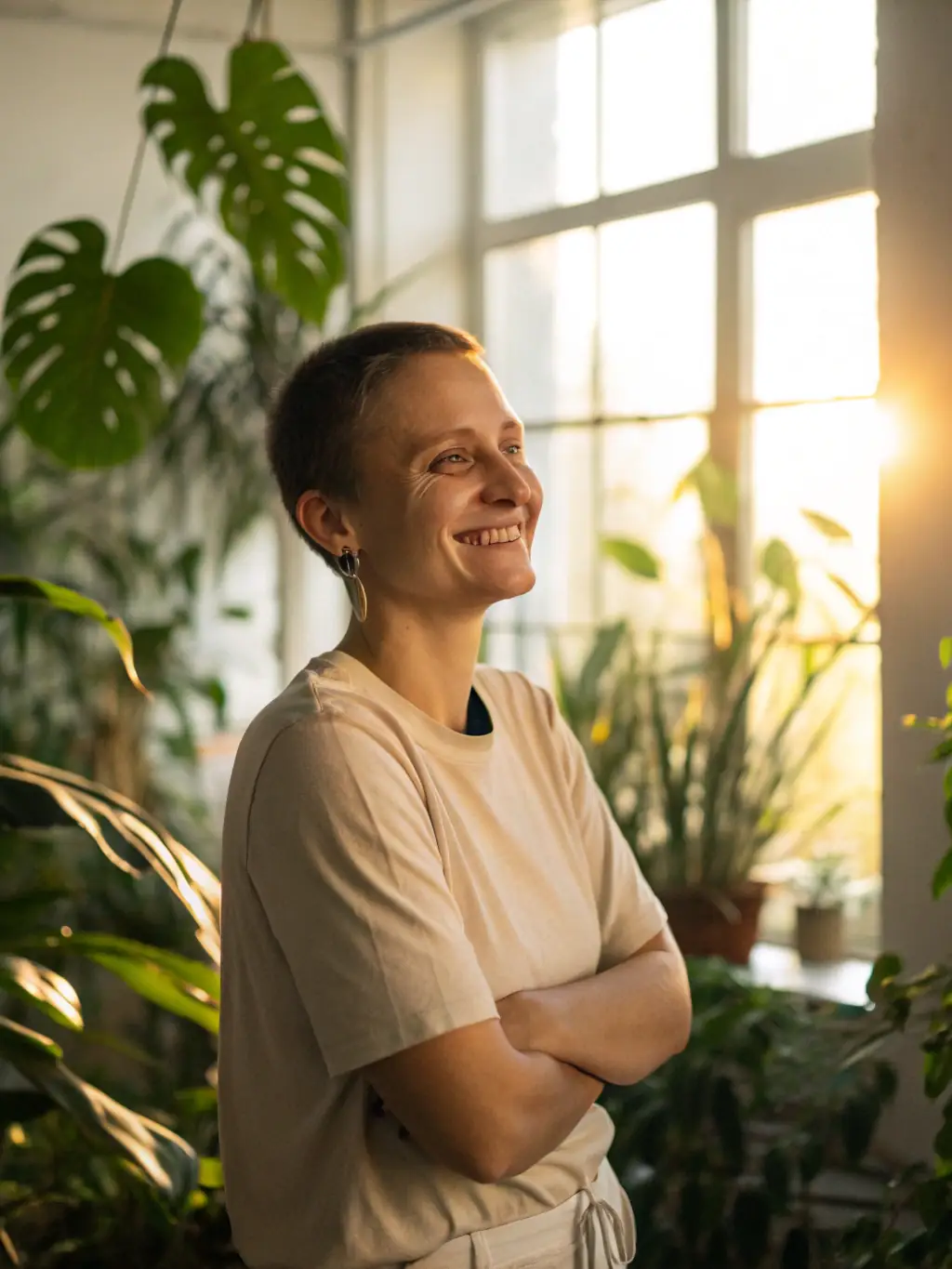 A person with sensitive skin smiling, with a focus on the absence of redness or irritation. The background shows natural ingredients like aloe vera and chamomile.