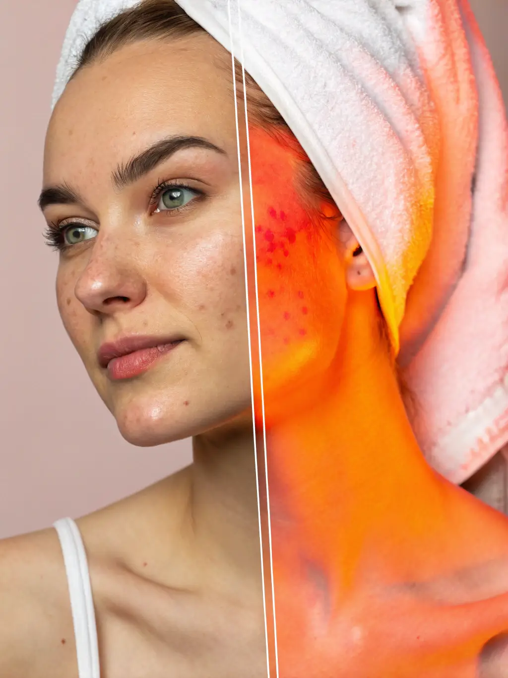 A split image showing 'before' and 'after' results of using all-natural skincare, with a visible improvement in skin texture and clarity. The lighting is consistent in both images.